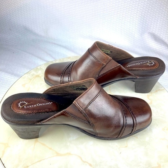 Earth Origins Mules Women Size 9 Brown Burnished Leather Open Back Slip On Shoes - Picture 6 of 11
